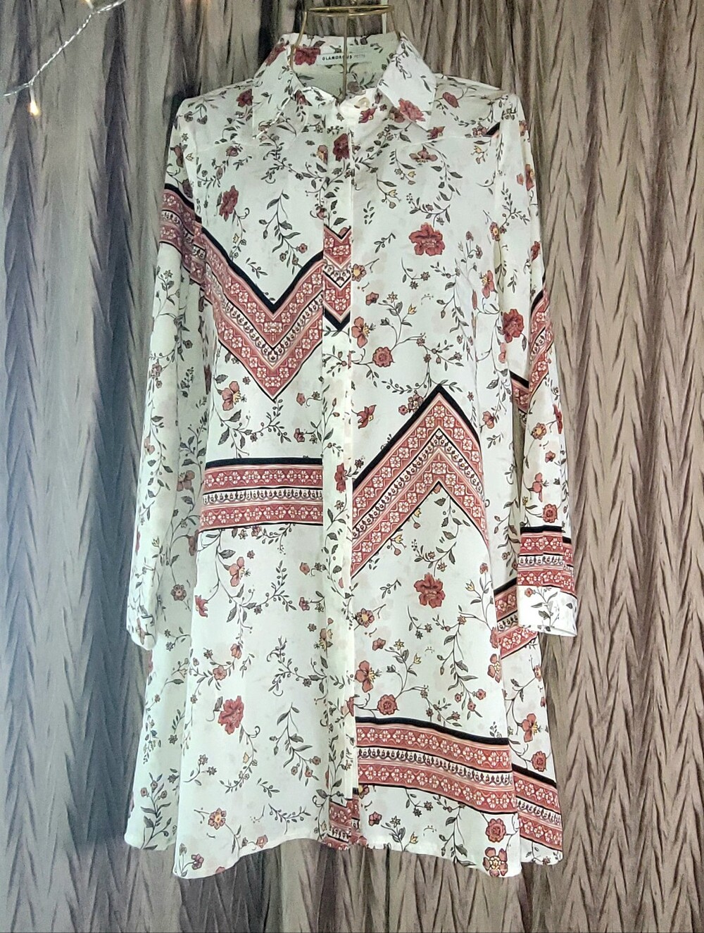 Glamorous Petite Floral Chevron Print Long Sleeve Button Down Shirt Dress 8P